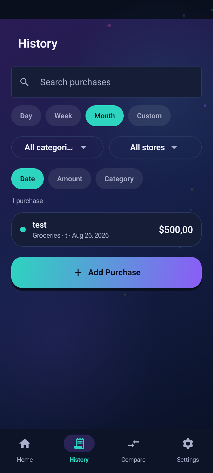 Shopping Journal purchase history screen
