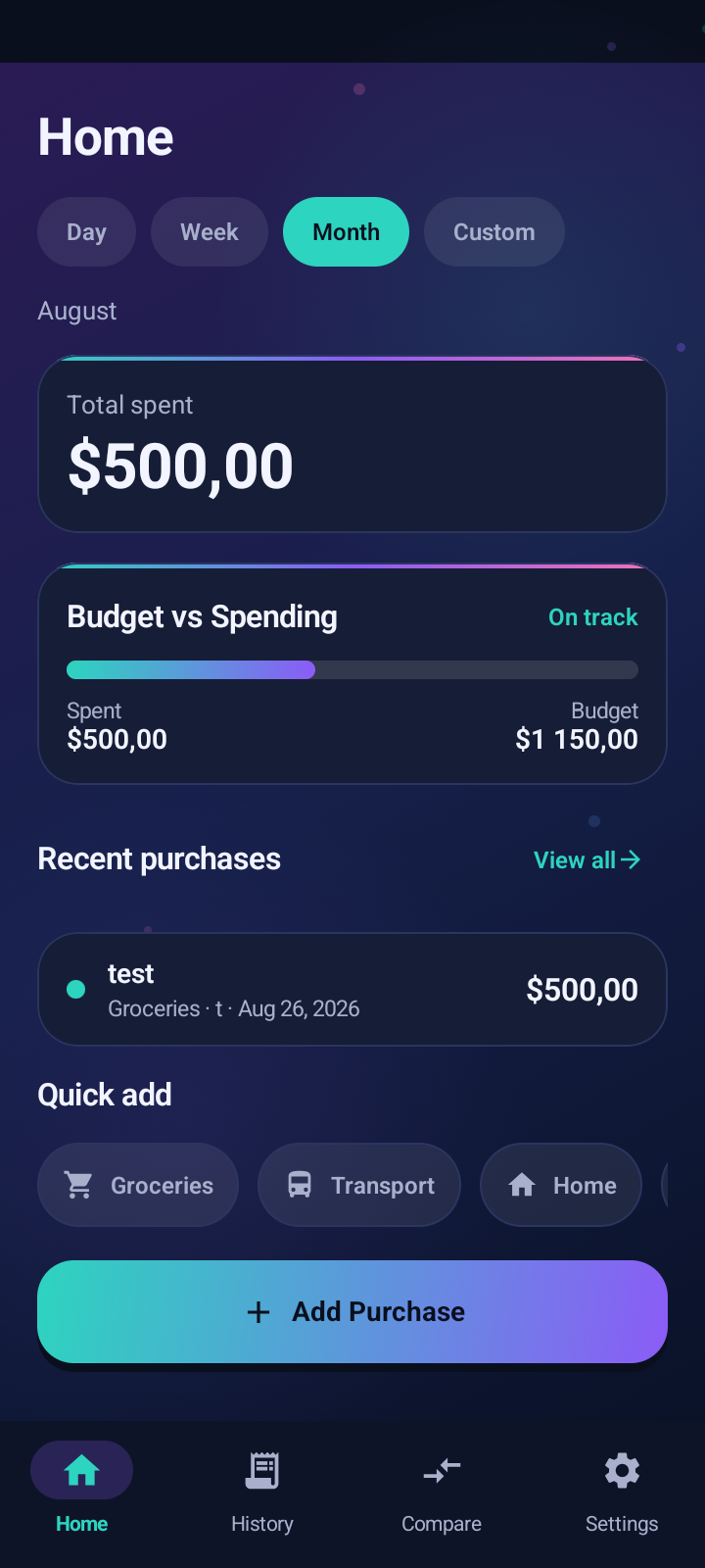 Shopping Journal home screen